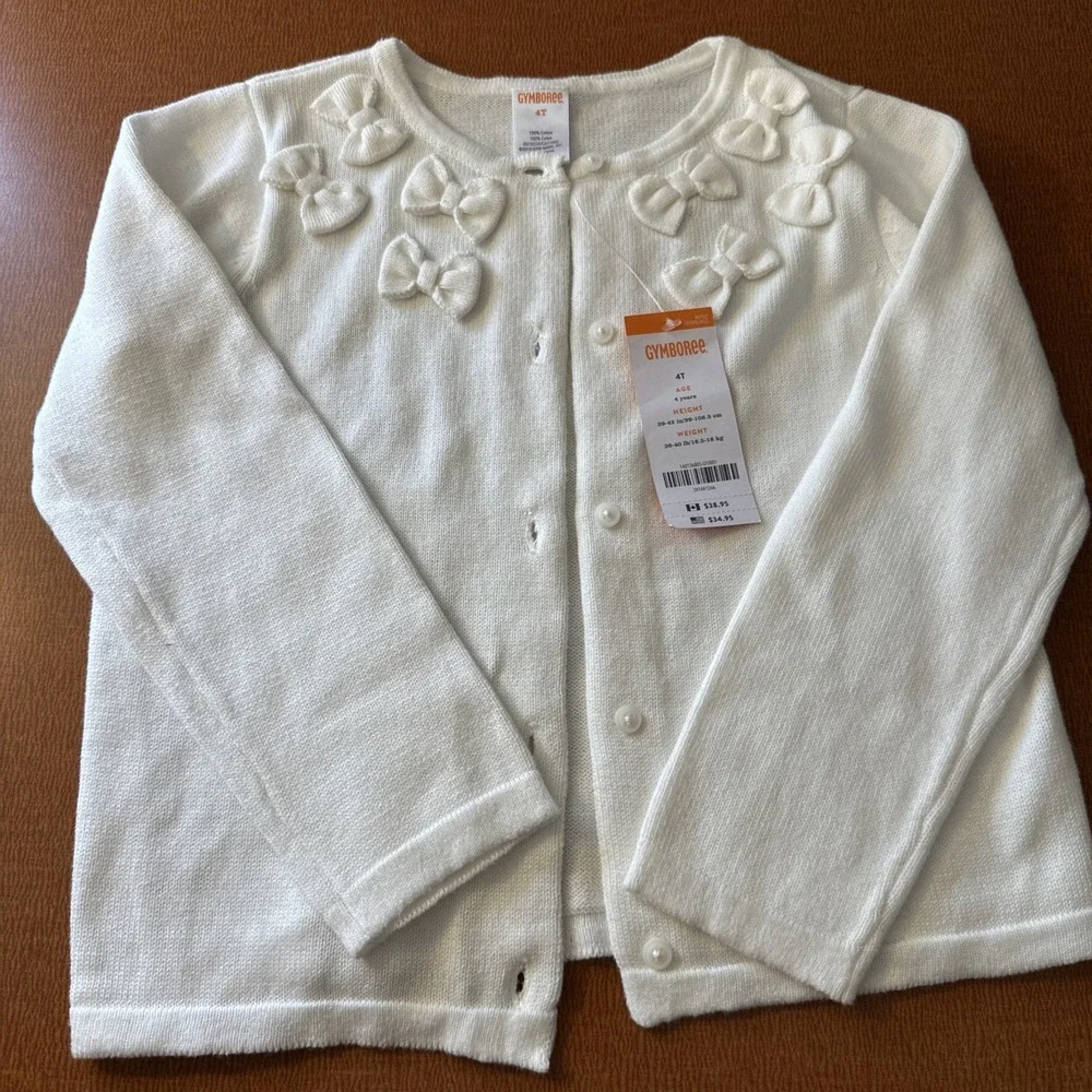 NWT Gymboreee White 100% Cotton Cardigan Sweater With Bows Size 4 Toddler